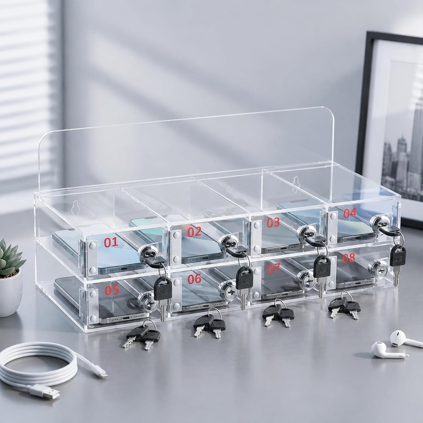 Threan 12 Slot Cell Phone Storage Box, Acrylic Clear Cell Phone Storage Cabinet Wall Mounted with Door, Locks and Keys for Office School Factory
