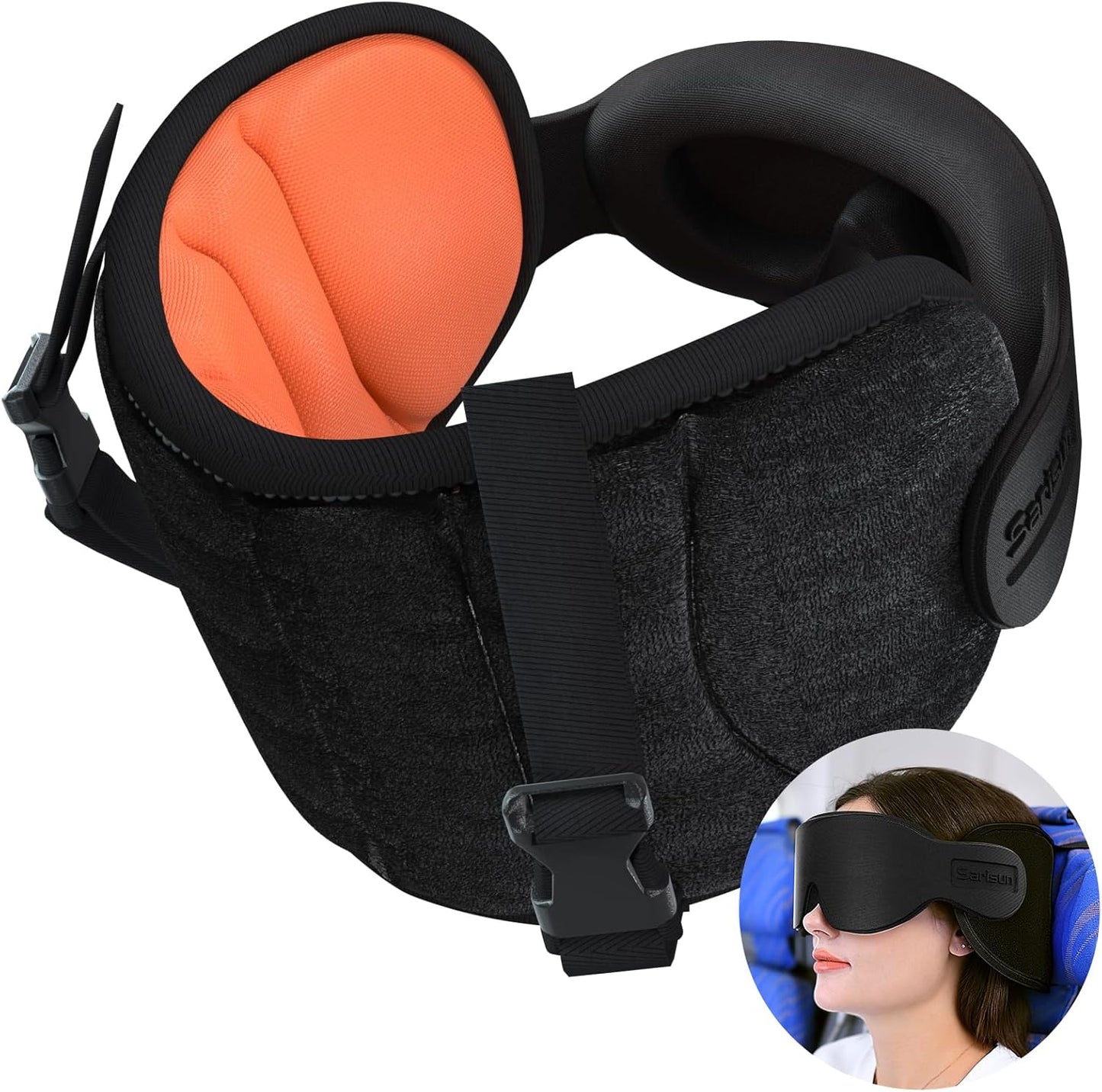 SARISUN Travel Pillows for Airplanes, 360° Support Headrest Pillow with Eye Mask for Sleeping, Travel Airplane Pillow for Long Flights Car Road Trip, Travel Accessories Stop Bobblehead, Black