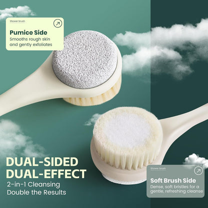 Back Scrubber for Shower, 15.7" Loofah with Handle, Back Shower Brush with Bristles and Loofah, Dry Brushing Body Brush for Cleanse Back and Hard to Reach Areas with Curved Long Handle