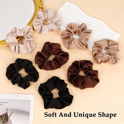 Satin Scrunchies for Women – 8PCS Blush & Brown Silk Hair Ties Set – No Crease, Frizz-Free, Gentle Elastic Hair Bands, Soft & Stylish Everyday Hair Accessories Gifts