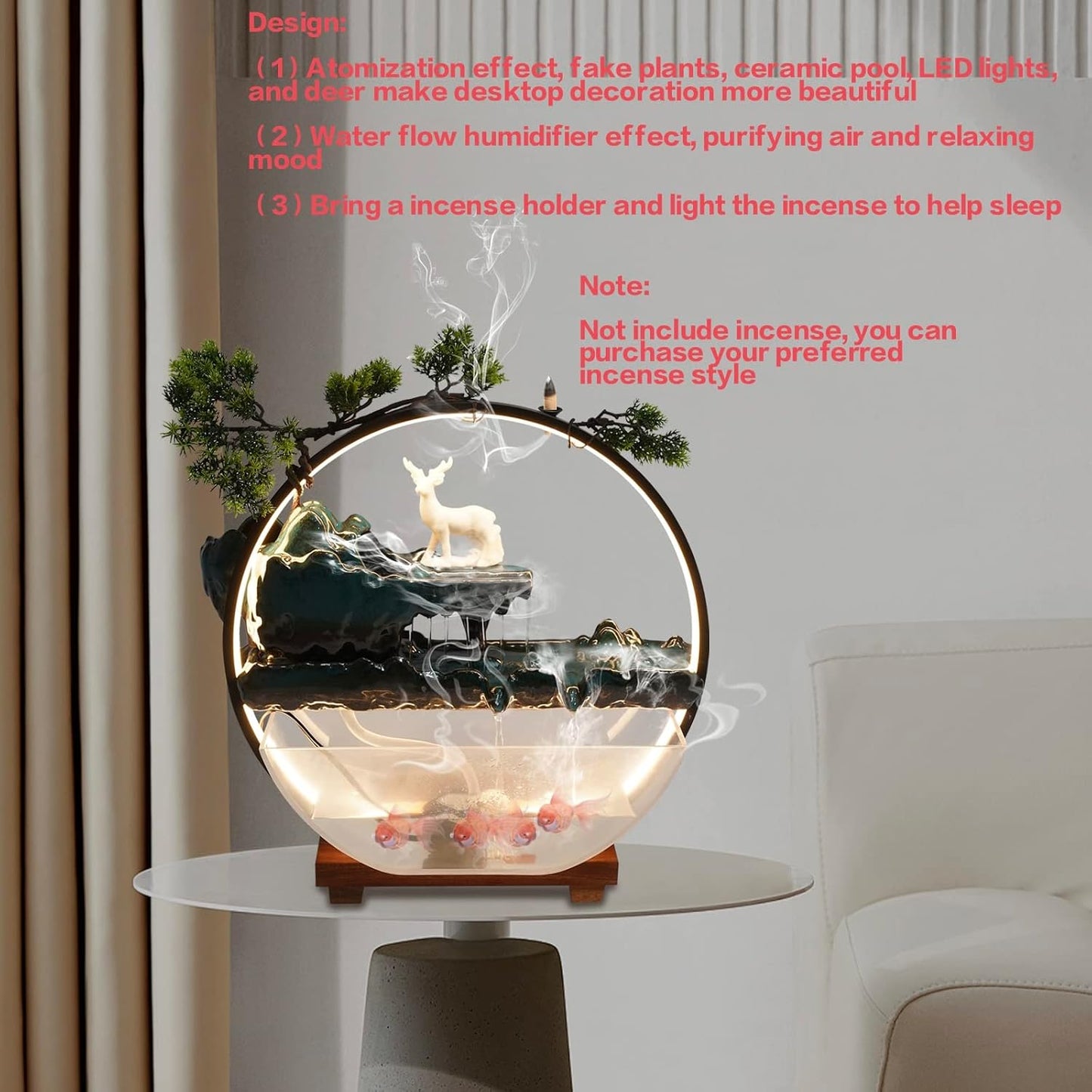 Mini Artificial Bonsai Tree Waterfall Fog Feature Rock Tabletop Fountain | 11in Desktop Decor Waterfall Fountain W/ Water Pump& Atomizer&LED Lights &Fake Tree Office Bedroom Relax