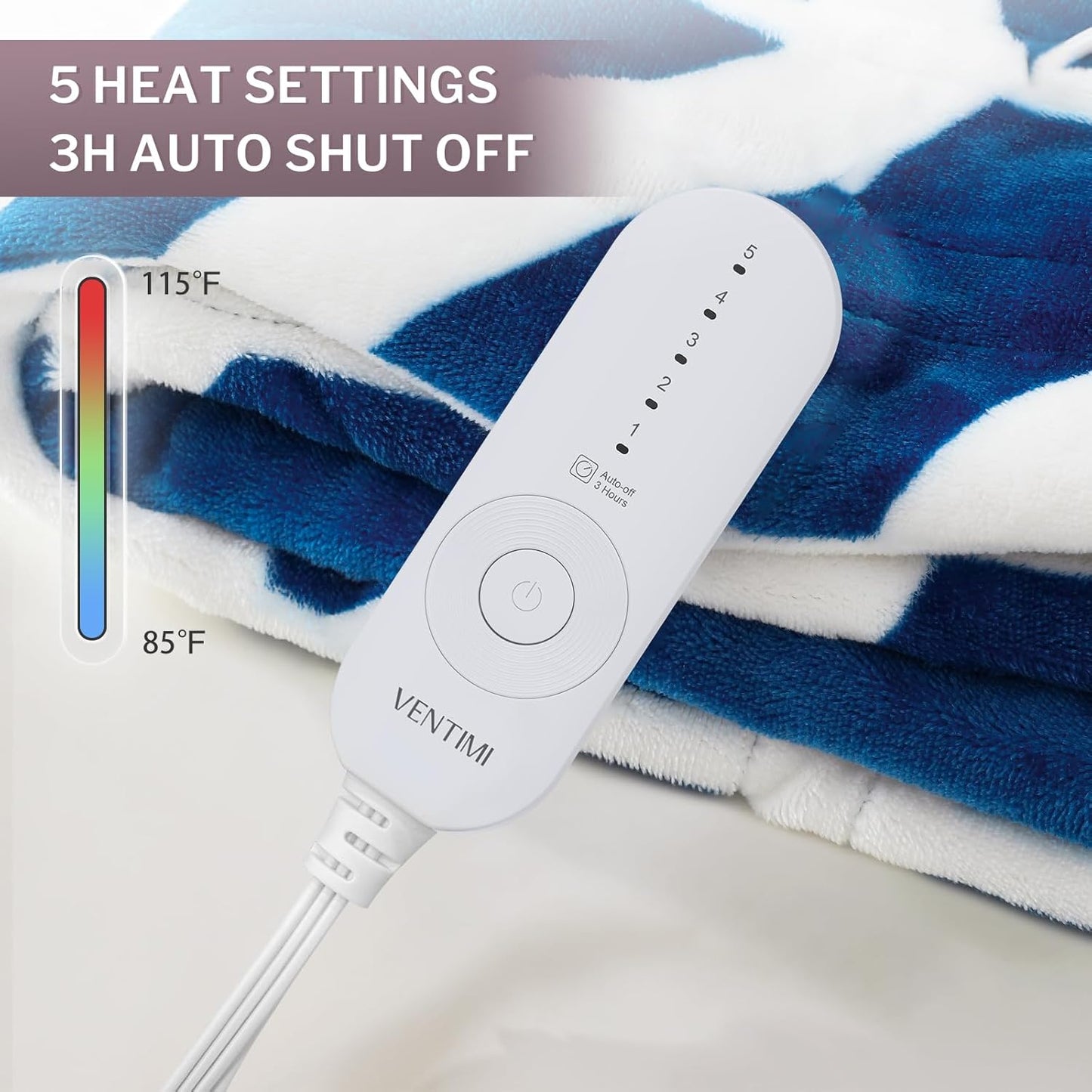 VENTIMI Electric Blanket Heated Throw, 50" x 60" Heated Blanket with 5 Heat Levels & 3 Hours Auto Off, Fast Heating Blankets with ETL & FCC Certification, Grey