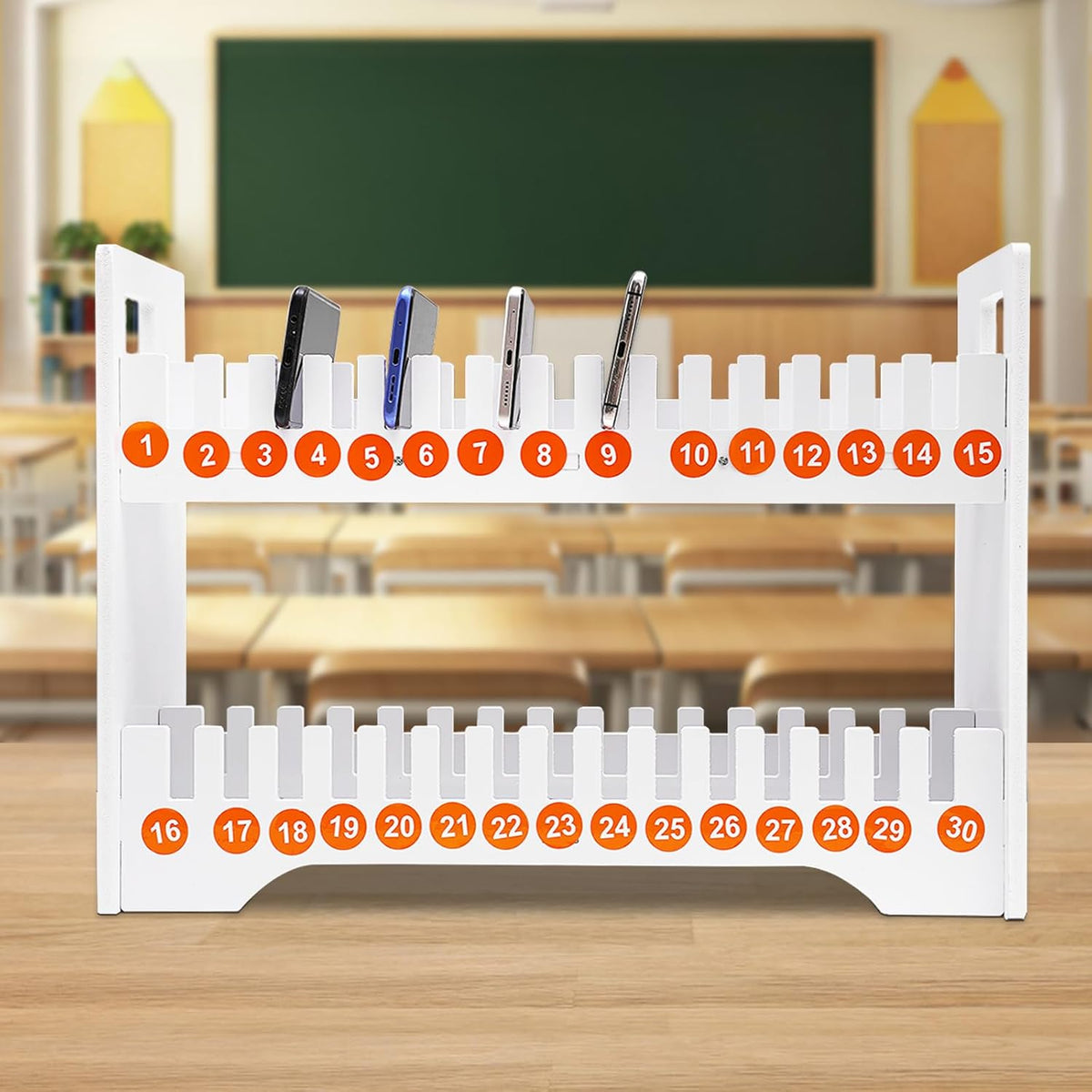 Cell Phone Holder,2-Tier Multiple Cell Phone Stand Rack,Mobile Phone Holder with 1-30 Number Stickers PVC Board Mobile for Classroom Office (30 Slots)