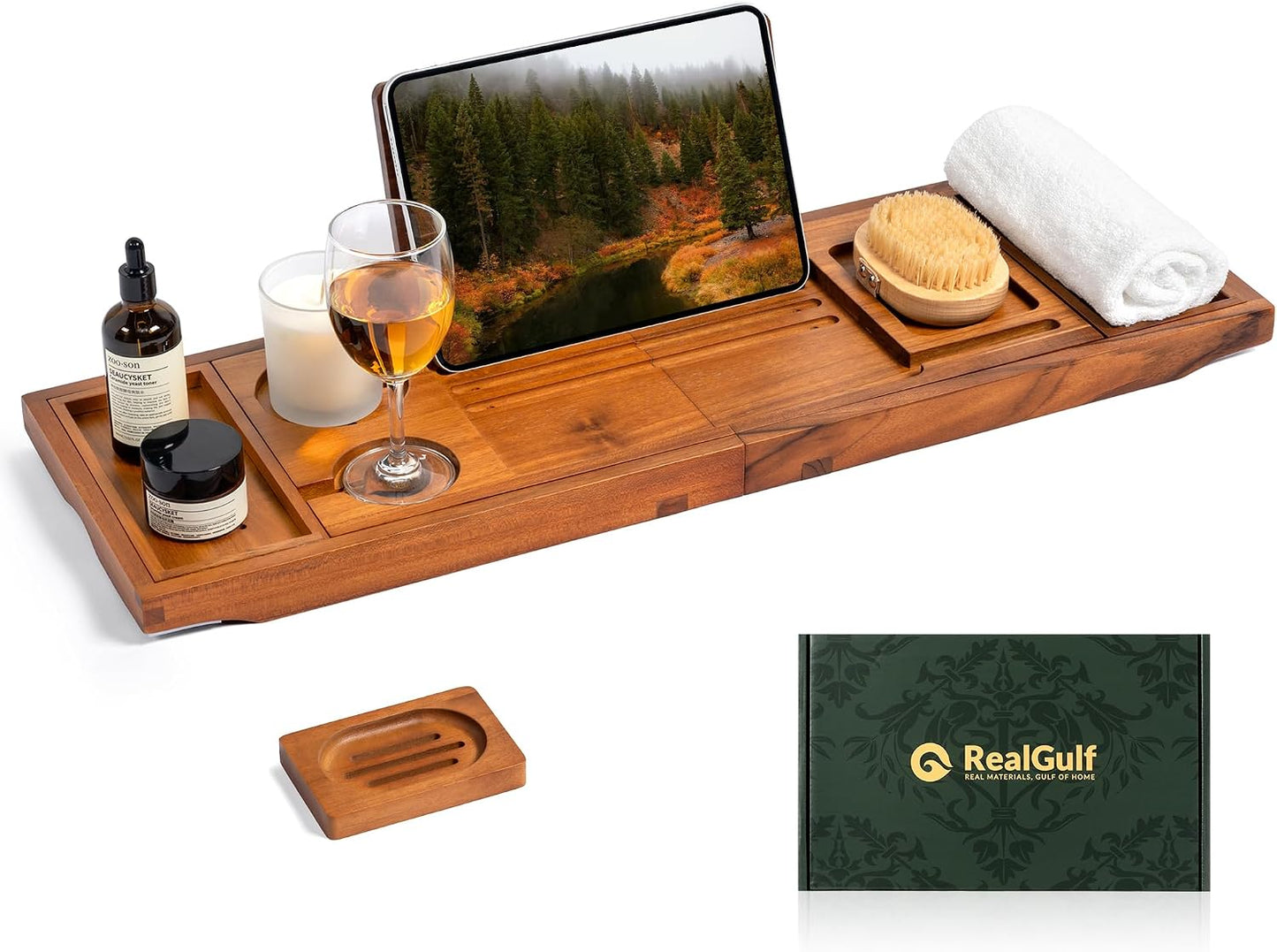Bamboo Bathtub Tray, Bath Caddy with Wine Glass Holder, Phone Dock & Book Stand | Hands-Free Reading & Ultimate Spa Relaxation Experience-Brown
