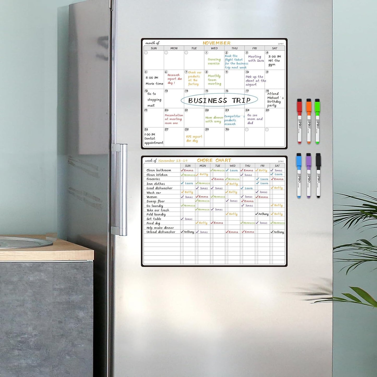 JJPRO Magnetic Monthly Calendar Whiteboard Set for Fridge-Monthly Planning Board and Two Bonus Dry Erase Grocery Board&Weekly Menu Board-Meal Planner Whiteboard/to-Do List-6 Markers