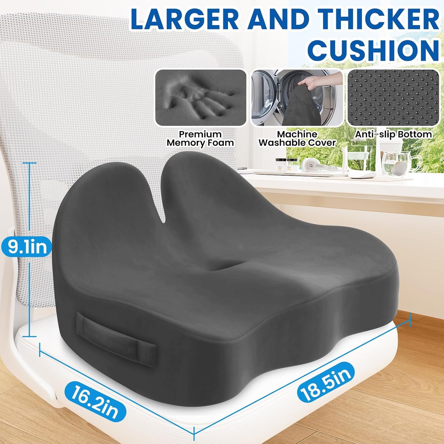 Seat Cushion, Chair Cushions for Office Chairs/Desk Seats/Wheelchair - Hip&Sciatica&Tailbone Pain Relief Memory Foam Office Chair Cushion for Long Sitting Office Workers, Black