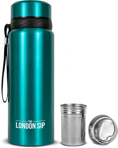London Sip 25 oz Multi-Function Travel Mug and Tumbler Tea Infuser Water Bottle Fruit Infuser Flask Hot and Cold Double Wall Stainless Steel Coffee Thermos, Zen Black