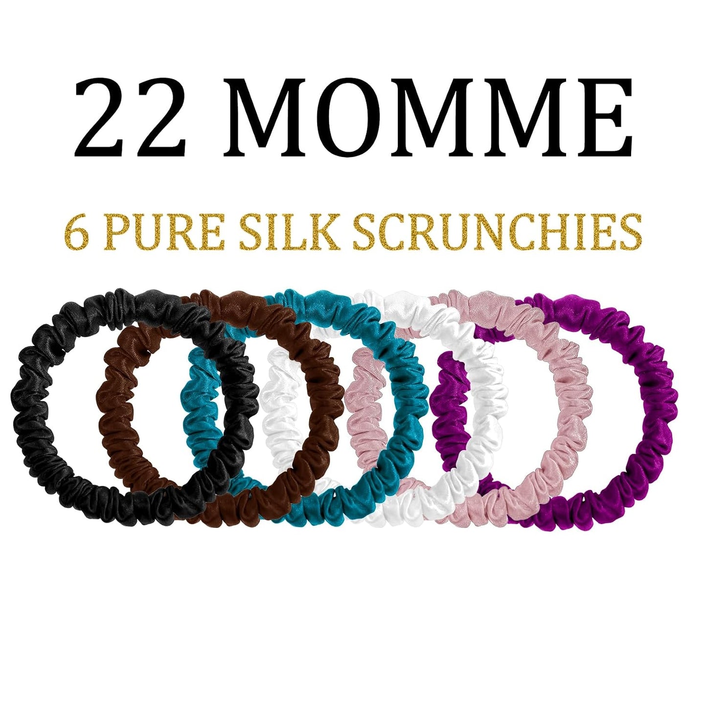 22 Momme 6PCS 100% Mulberry Silk Hair Ties Small Silk Scrunchies for Women Girls Curly Thick Thin Hair .Women's Black Cute Satin Sleepy Bulk Hair Tie Scrunchie Sleep