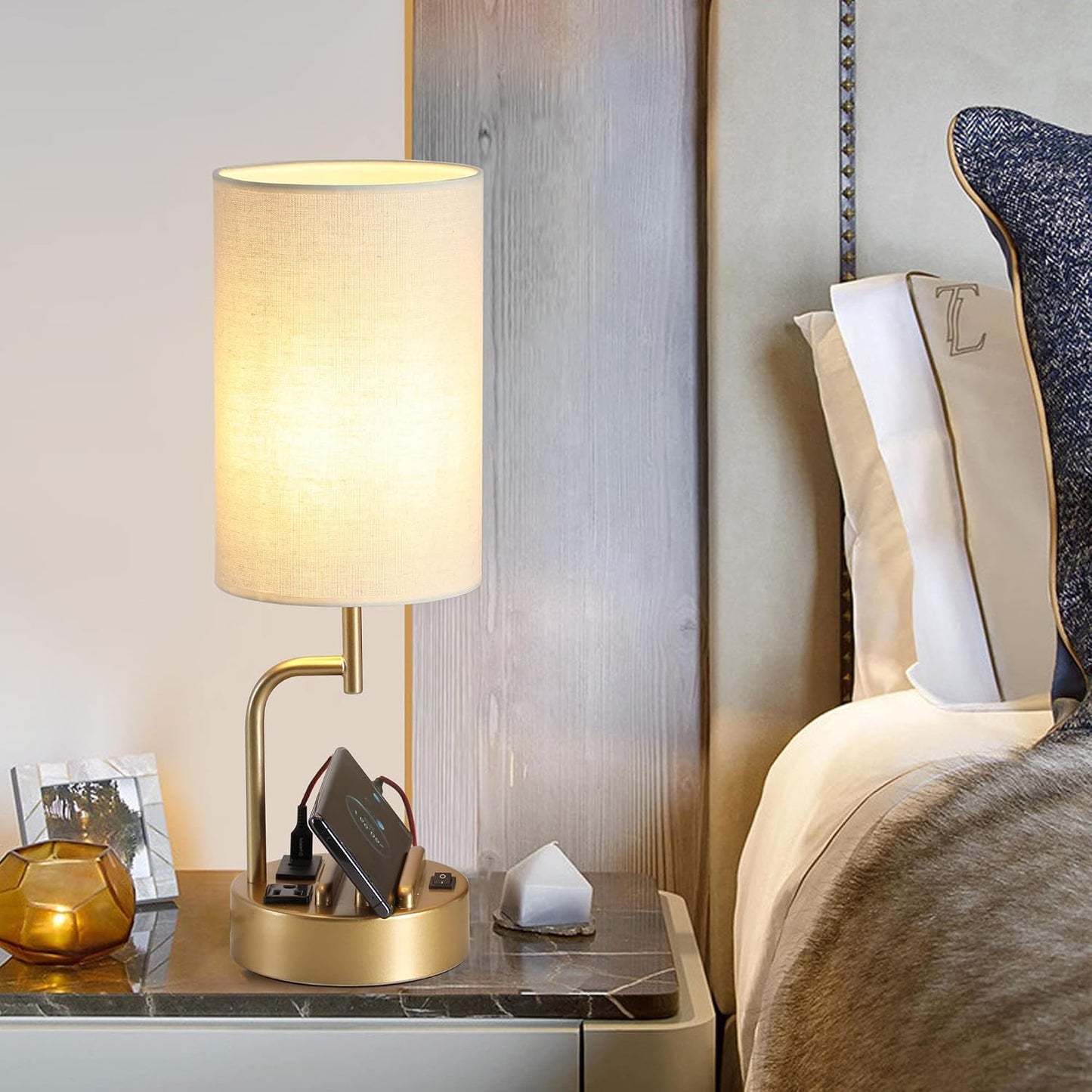 Dreamholder Table Lamp with 3 USB Charging Ports, Modern Desk Lamp with AC Outlet and Phone Stands, Perfect Bedside Lamp for Bedroom, Living Room, Office (Pack of 2), Cream