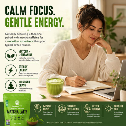 Lakanto Sugar Free Matcha Latte - Green Tea Powder with Shelf Stable Probiotics and Fiber, Sugar Free, Monk Fruit Sweetener, Keto Diet Friendly, Vegan, Detox, Destress, Antioxidants, Authentic (10 Oz)