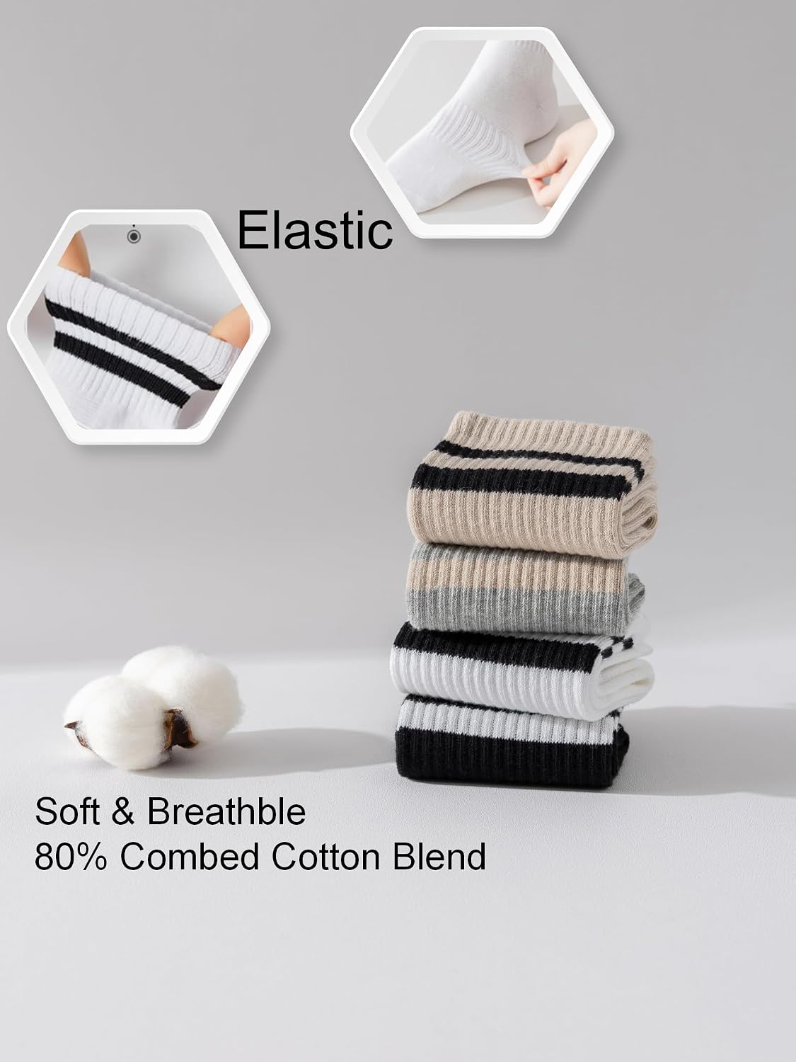 YUWELL Womens Striped Crew Socks, Cotton Cozy Casual Socks for Women 4 Pairs, Size 5-10