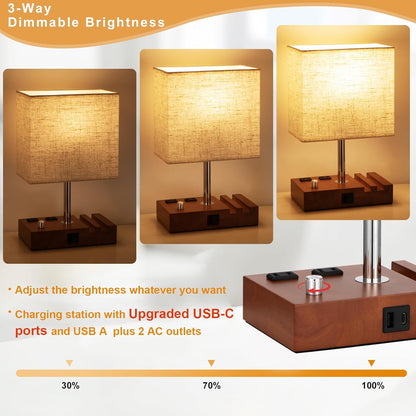 Kakanuo Fully Dimmable Nightstand Lamp for Bedroom with USB C Ports, Grey Small Bedside Table Lamp with Charging Outlets and Phone Stands, Wooden Desk Lamp for Living Room, LED Bulb Included