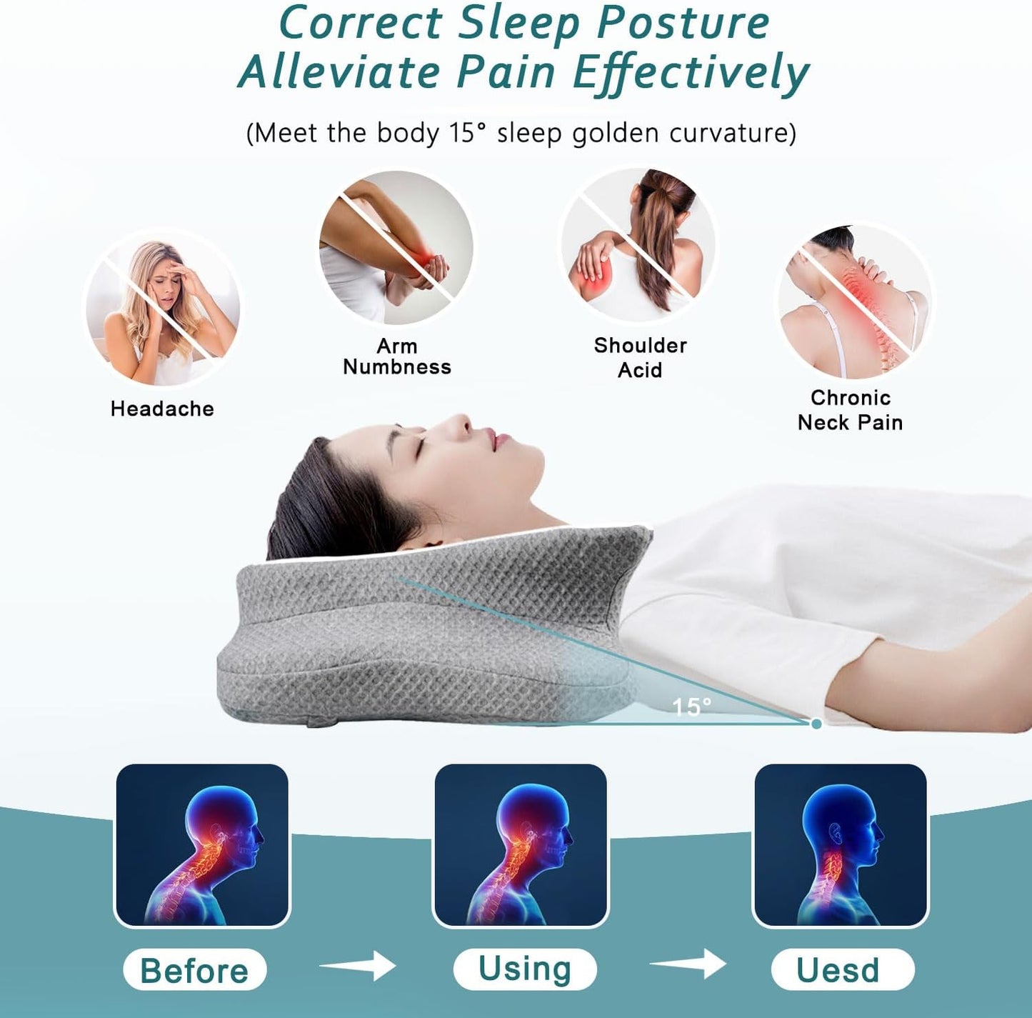 CHxxy Cervical Neck Pillow for Pain Relief Sleeping, Memory Foam Pillows, Ergonomic Side Sleeper Pillows, Cooling Orthopedic Neck Support Pillow for Back Stomach Sleepers-Queen Size Grey&Grey