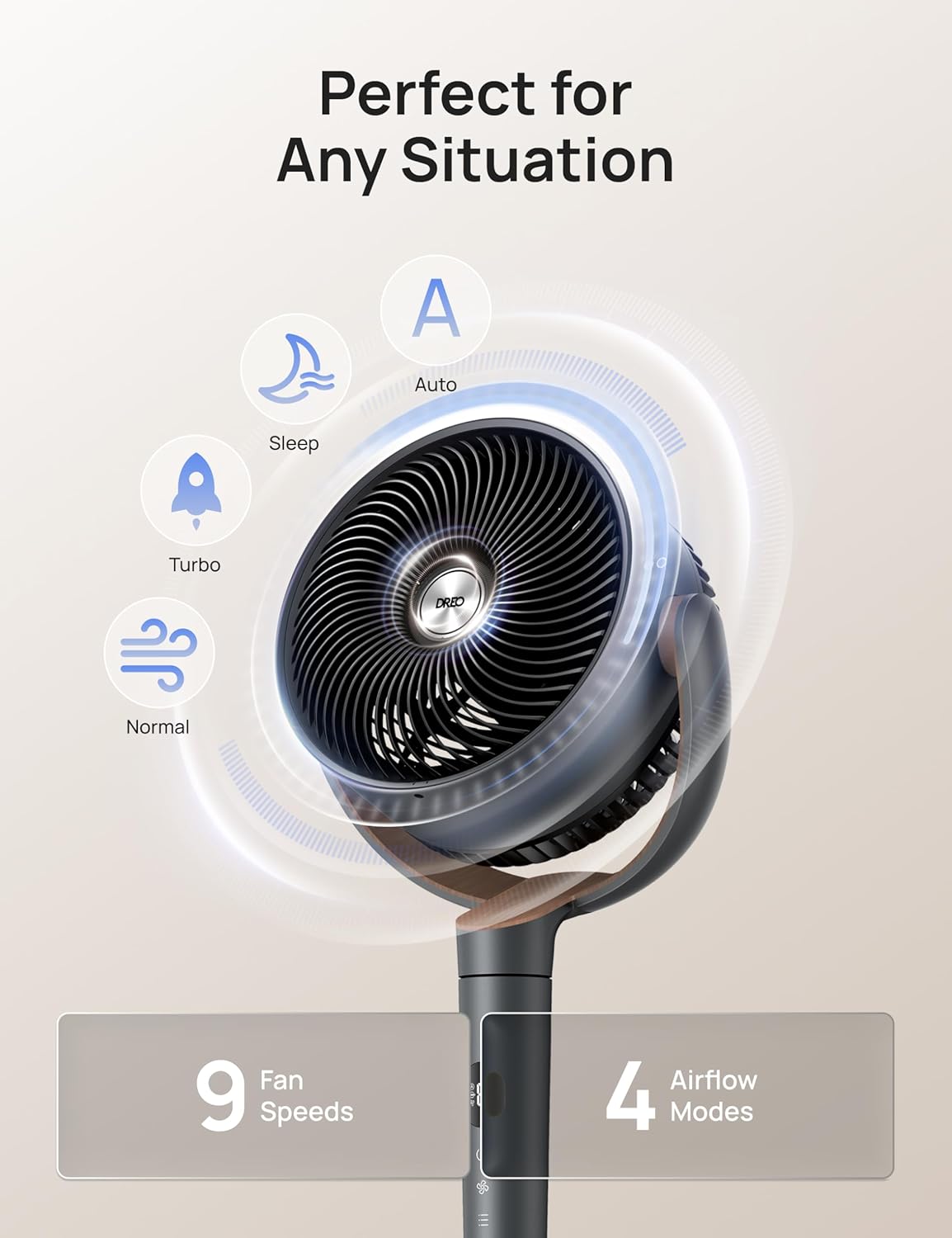 DREO Fan for Bedroom, 120° Oscillating Standing Fan, Quiet Floor Fan with DC Motor, Pedestal Fan for Room, 9 Speeds, 4 modes, 20dB, 120° Manual Vertical, 37-42" Adjustable Height, 9H Timer, Dark Gray