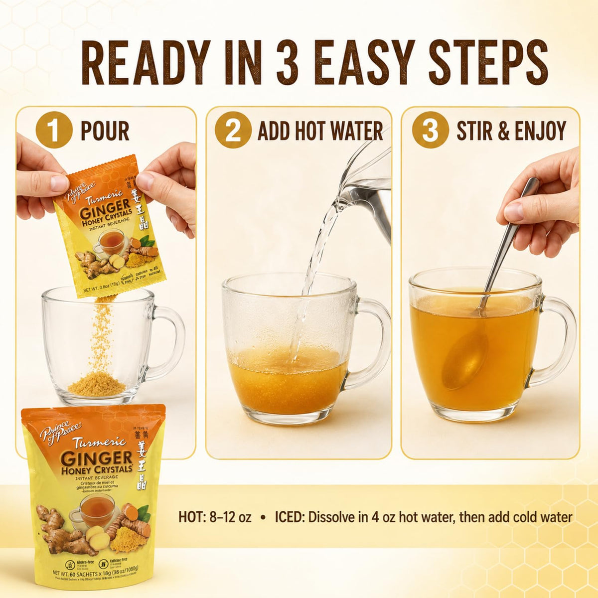 Prince of Peace Instant Ginger Honey Crystals with Turmeric, Value Pack 60 Sachets – Instant Hot or Cold Beverage Easy to Brew – Drink Like a Tea – Caffeine and Gluten Free – Real Ginger 38oz (1080g)