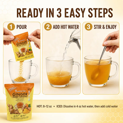 Prince of Peace Instant Ginger Honey Crystals with Turmeric, Value Pack 60 Sachets – Instant Hot or Cold Beverage Easy to Brew – Drink Like a Tea – Caffeine and Gluten Free – Real Ginger 38oz (1080g)