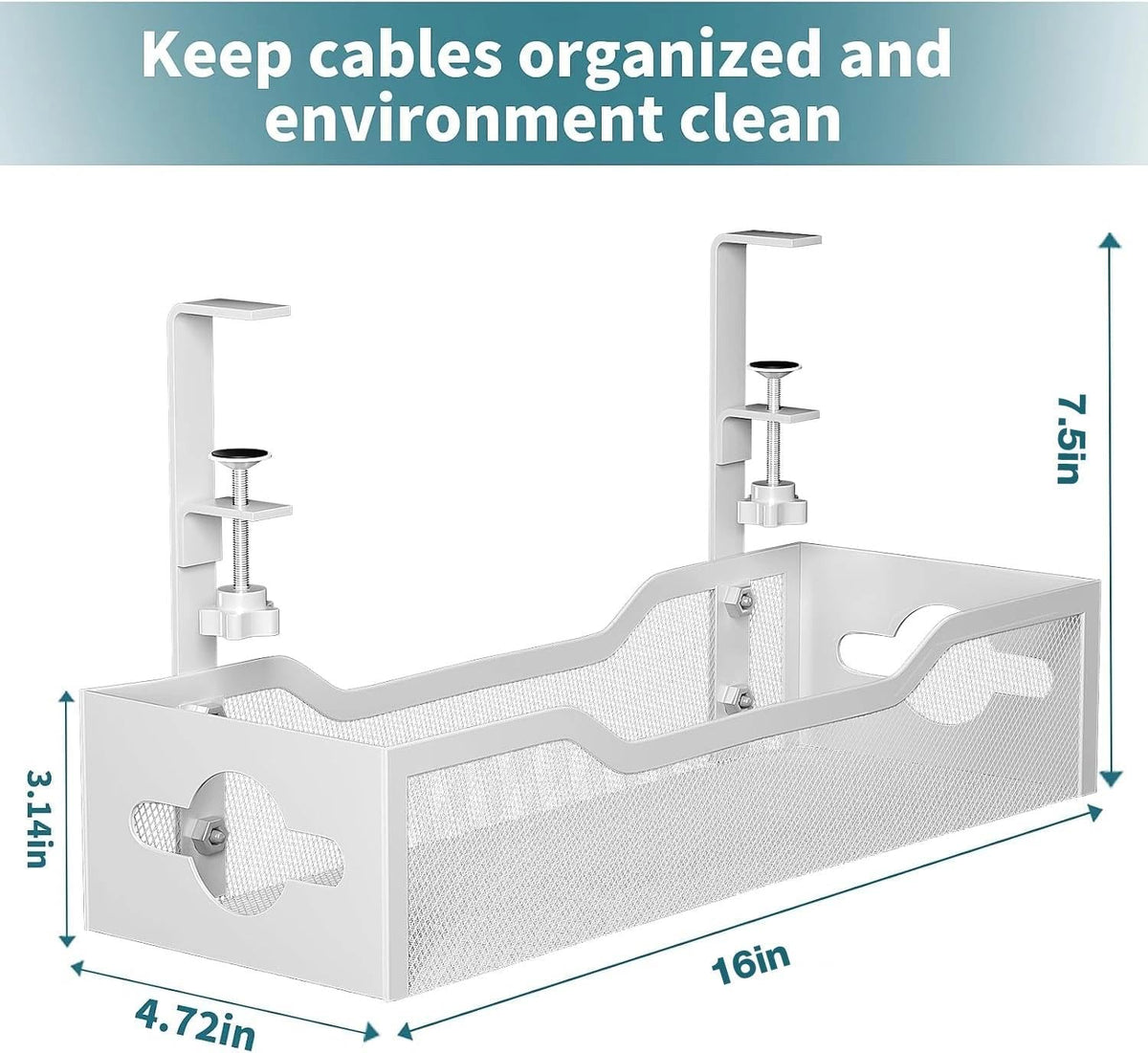 Under Desk Cable Management Tray No Drill, Metal Mesh Cable Management Under Desk with Clamp Mount, 2 Hole Cable Tray with Wire Management and Cord Organizer for Home Office Standing Desk