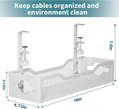 Under Desk Cable Management Tray No Drill, Metal Mesh Cable Management Under Desk with Clamp Mount, 2 Hole Cable Tray with Wire Management and Cord Organizer for Home Office Standing Desk