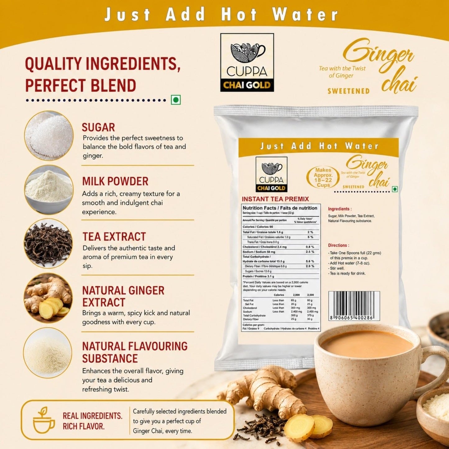 Chai Gold Instant Chai Tea Premix Powder - Sweetened Milk Tea Latte Mix for Home and Beverage Dispensers - [500g / 1.1 lb Bulk Bag] (Kadak)