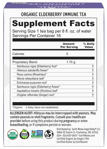 Earth Mama Organic Elderberry Immune Support Tea with Echinacea | Safe For Pregnancy, Breastfeeding, Postpartum, Kids and Family Essentials, Decaf Tea with Ginger & Rooibos, 16-Count (3-Pack)