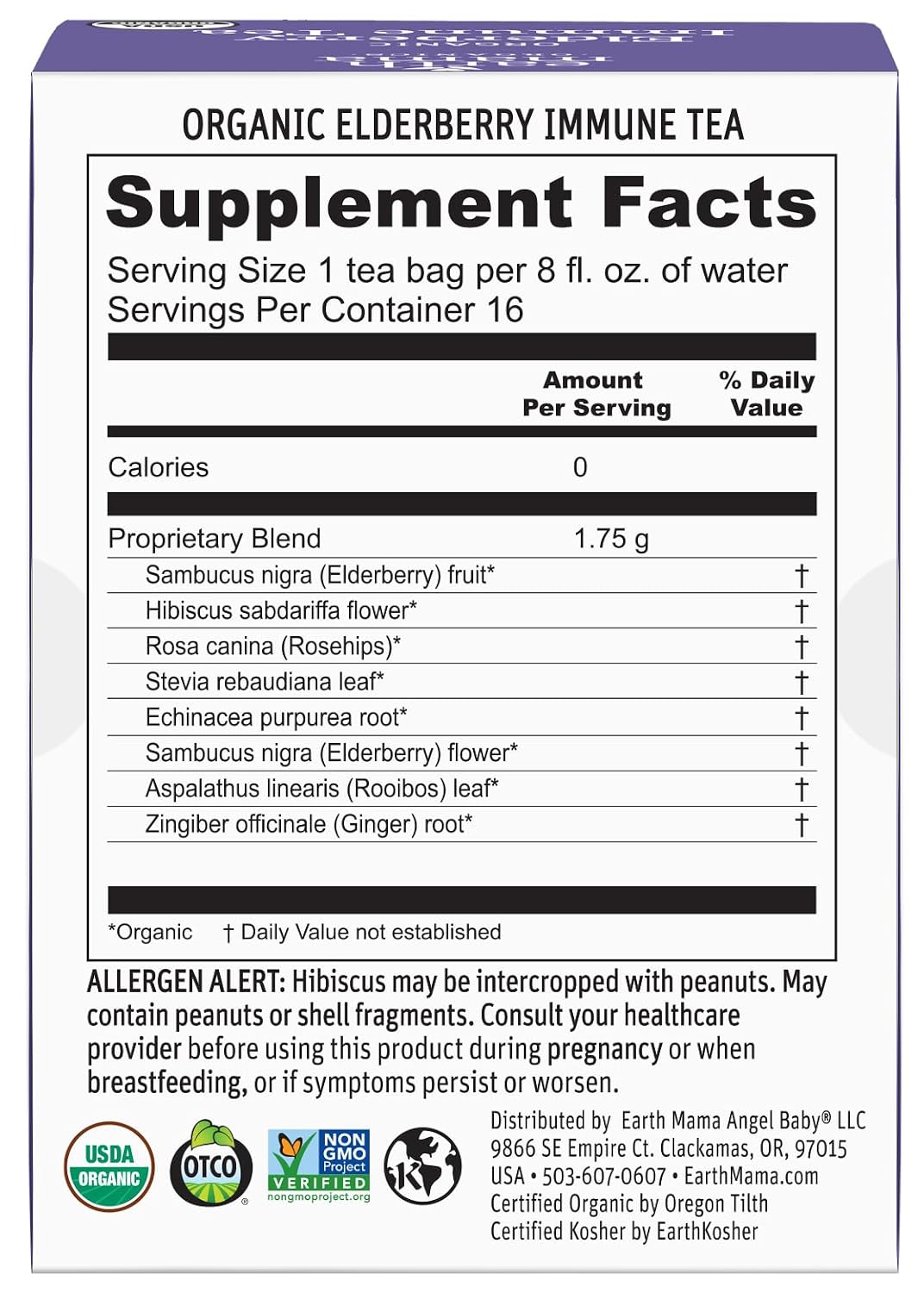 Earth Mama Organic Elderberry Immune Support Tea with Echinacea | Safe For Pregnancy, Breastfeeding, Postpartum, Kids and Family Essentials, Decaf Tea with Ginger & Rooibos, 16-Count (2-Count)