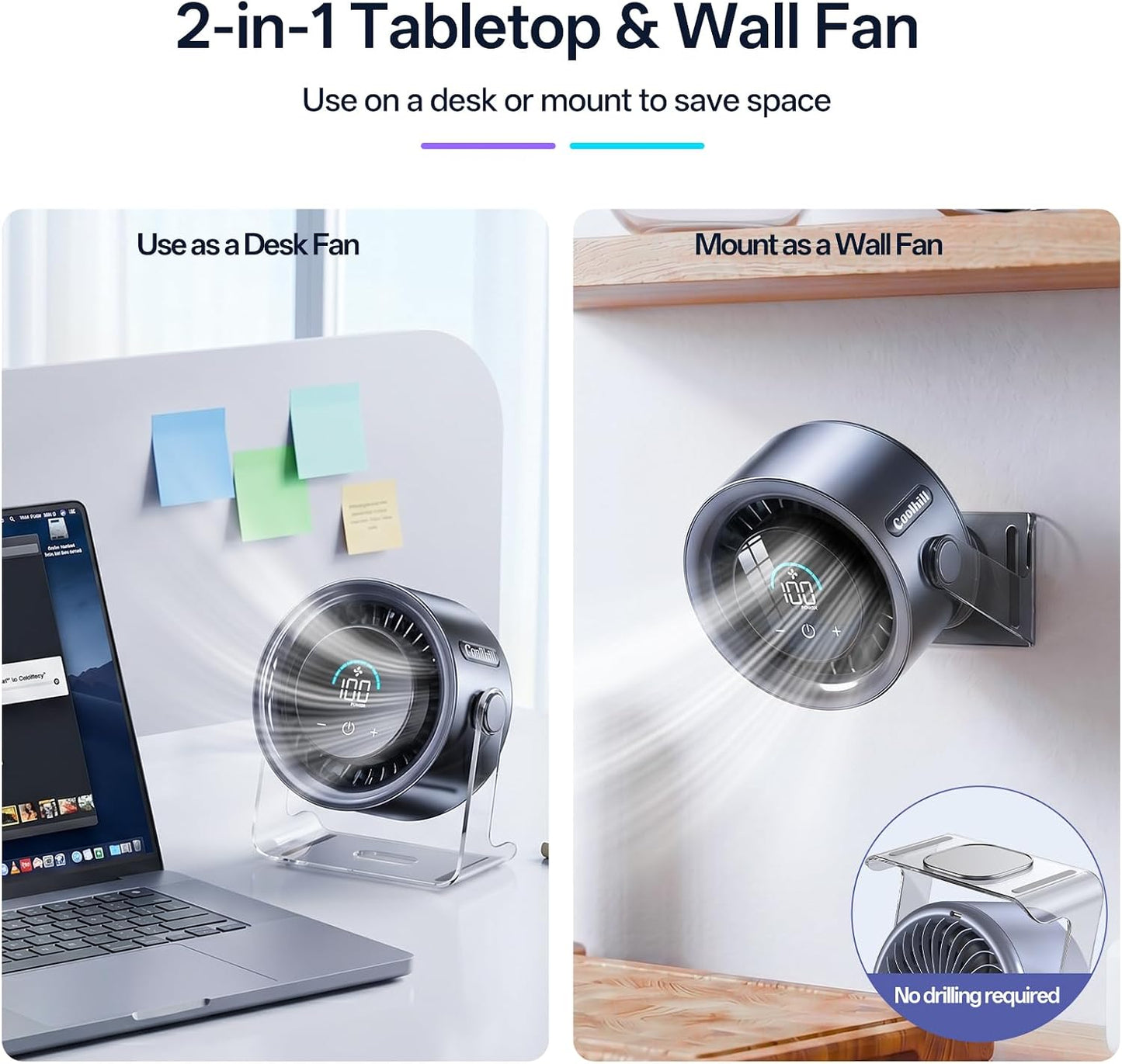 USB Desk Fan for Bedroom: 100 Speeds Digital Display Quiet Portable Fan with Turbo Airflow, 120° Rotating Small Rechargeable Battery Desktop & Wall-Mounted Fans for Bedroom Home Office