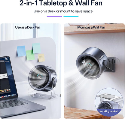USB Desk Fan for Bedroom: 100 Speeds Digital Display Quiet Portable Fan with Turbo Airflow, 120° Rotating Small Rechargeable Battery Desktop & Wall-Mounted Fans for Bedroom Home Office