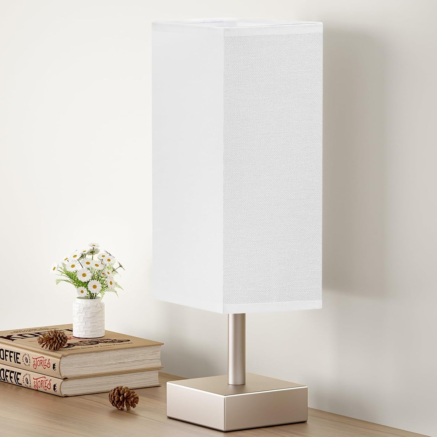 aooshine Small Table Lamp for Bedroom - Bedside Lamps for Nightstand, Minimalist Night Stand Light Lamp with Square Fabric Shade, Desk Reading Lamp for Kids Room Living Room Office Dorm