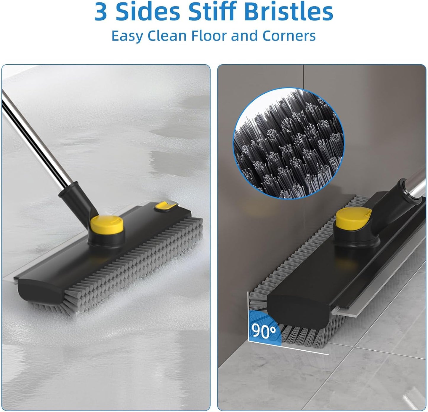Scrub Brush with Long Handle, Floor Scrub Brush Squeegee Broom for Cleaning, 3 in 1 Shower Scrubber Floor Broom Squeegee for Concrete Tile Wall Deck Patio Grey