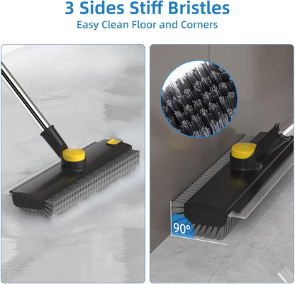 Scrub Brush with Long Handle, Floor Scrub Brush Squeegee Broom for Cleaning, 3 in 1 Shower Scrubber Floor Broom Squeegee for Concrete Tile Wall Deck Patio Grey