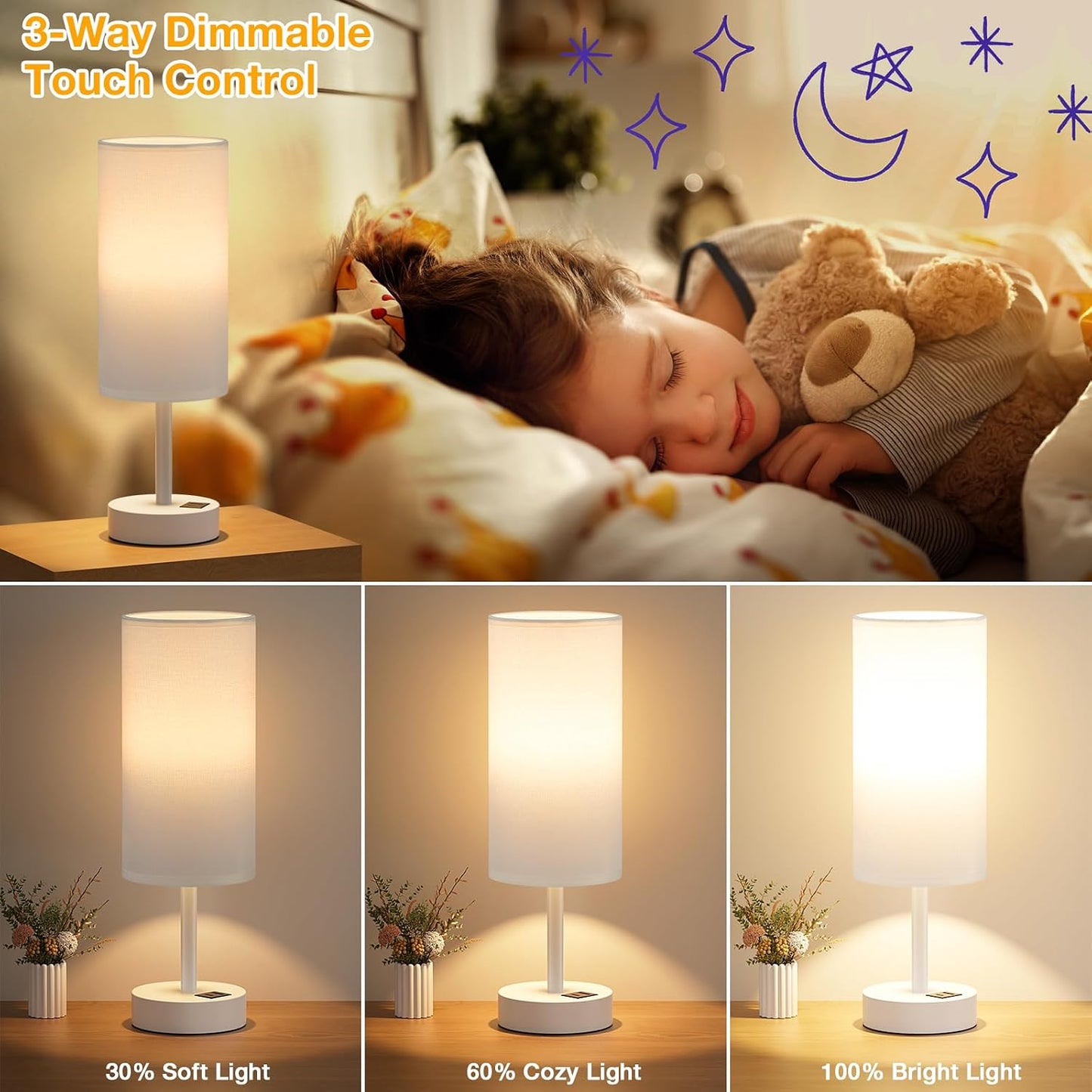 Dicoool Touch Bedside Table Lamp with USB - 3 Way Dimmable Wood Lamp for Bedroom Nightstand, Desk Lamp with Charging Station for Dorm, Living Room, Office, Kids Room, Small, 14in
