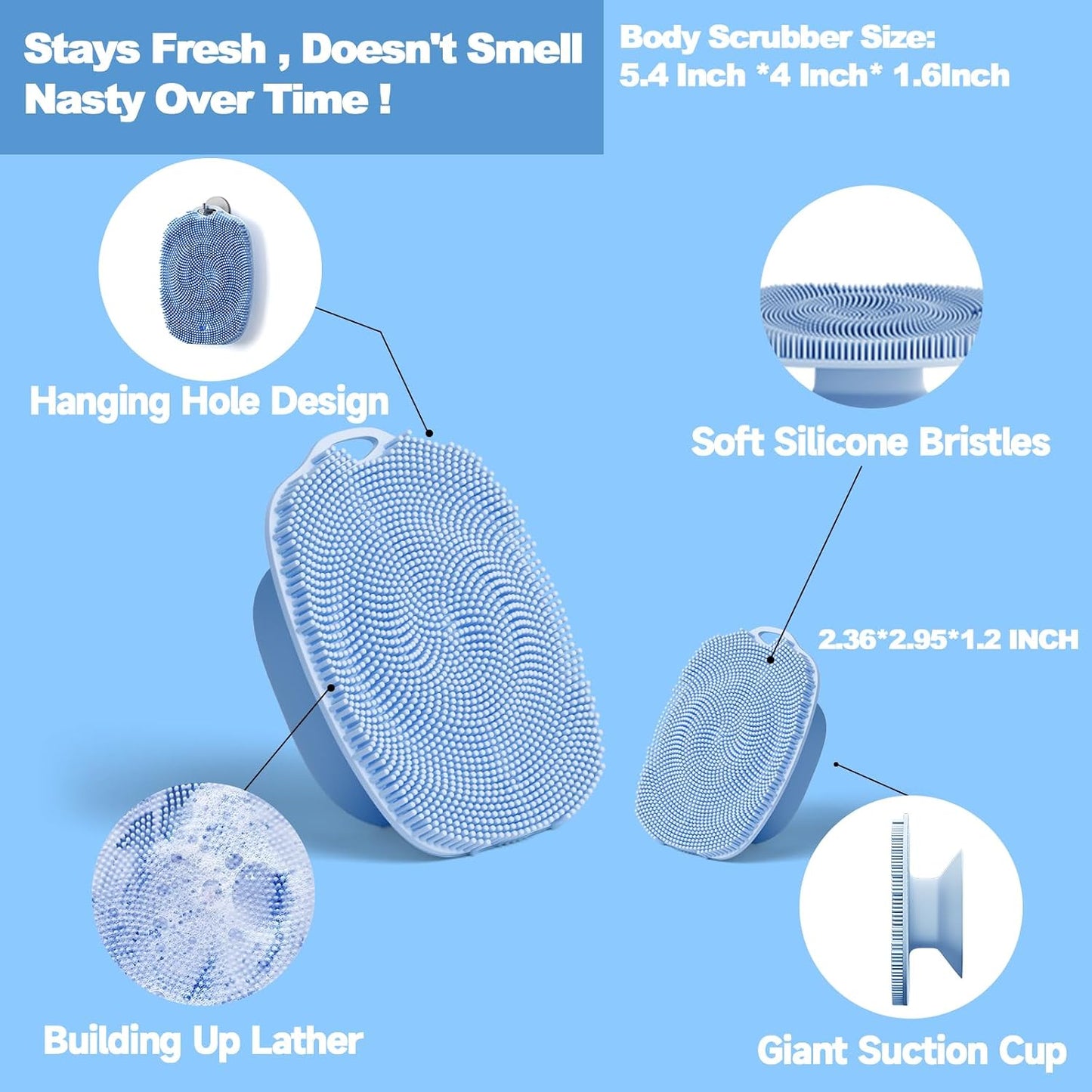 Soft Silicone Body Scrubber, Face Scrubber Silicone, Gentle Texture Exfoliating Body Scrubber for Men and Women On Sensitive Skin, Back Large Suction Cup for Easy Dry and Store (Blue)