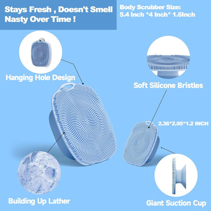 Soft Silicone Body Scrubber, Face Scrubber Silicone, Gentle Texture Exfoliating Body Scrubber for Men and Women On Sensitive Skin, Back Large Suction Cup for Easy Dry and Store (Blue)