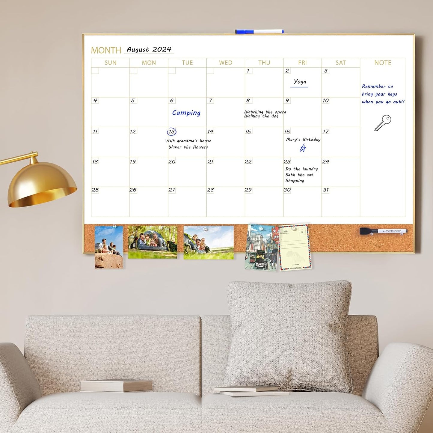 ARCOBIS Dry Erase Calendar with Cork Board for Wall, 24"x 18" Magnetic Calendar Whiteboard with Black Frame, Monthly Combination Board for School, Home, Office