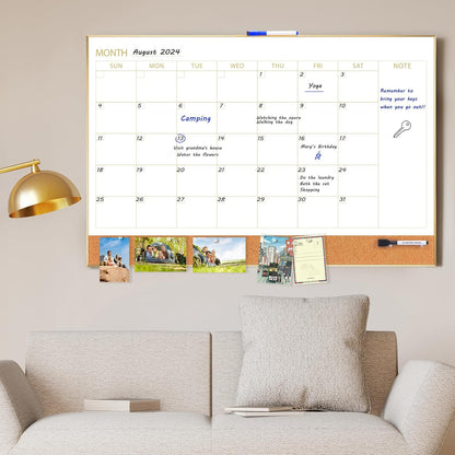 ARCOBIS Dry Erase Calendar with Cork Board for Wall, 24"x 18" Magnetic Calendar Whiteboard with Black Frame, Monthly Combination Board for School, Home, Office