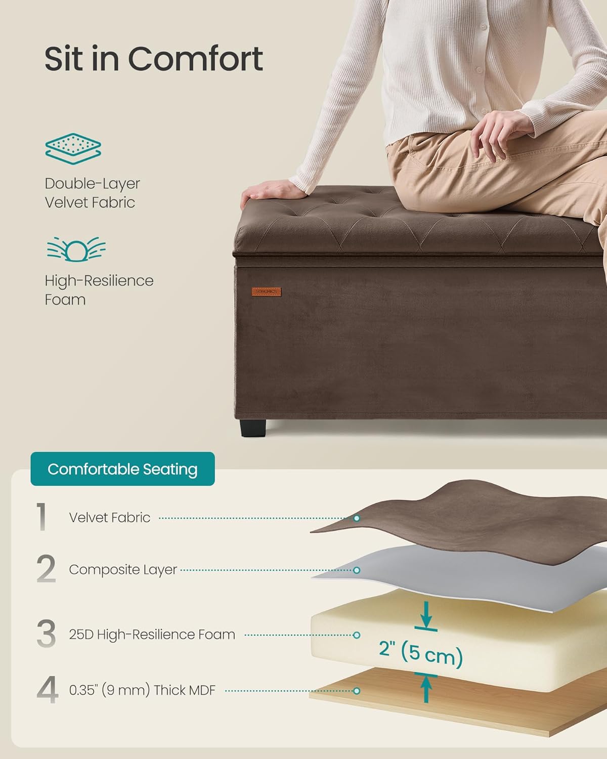 SONGMICS Storage Ottoman Bench, Foot Rest with Legs, 15.7 x 43.3 x 15.7 Inches, End of Bed Bench, Storage Chest, Load up to 660 lb, for Living Room, Bedroom, Entryway, Dark Gray ULSF088G01