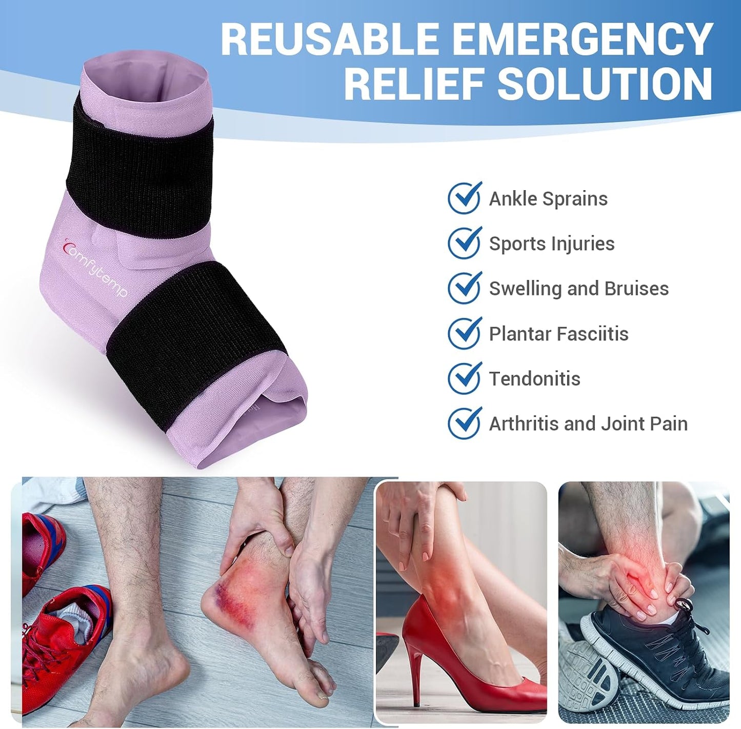 Comfytemp Ankle Foot Ice Pack Wrap for Plantar Fasciitis Relief, Ankles Brace for Sprain, Heel Spur, Swelling, Achilles Tendonitis, Cold Bag for Injuries Reusable, Hot Cold Compress, 1 Pack (Blue)