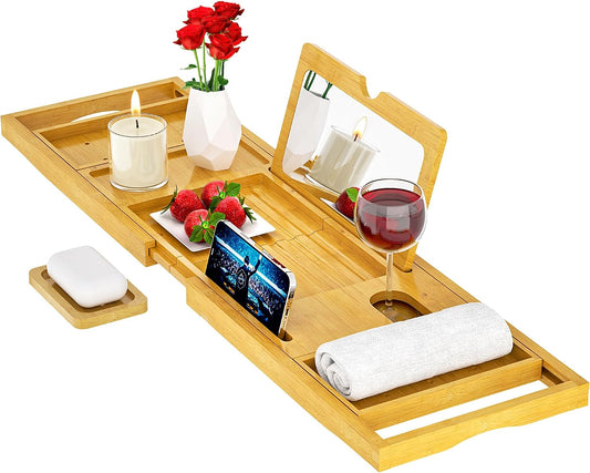Premium Bamboo Bathtub Tray Caddy - Bath Tub Tray Table for Bathtub - Bath Caddy Tray for Bathtub, Expandable Size, Fits Most Bath Tubs
