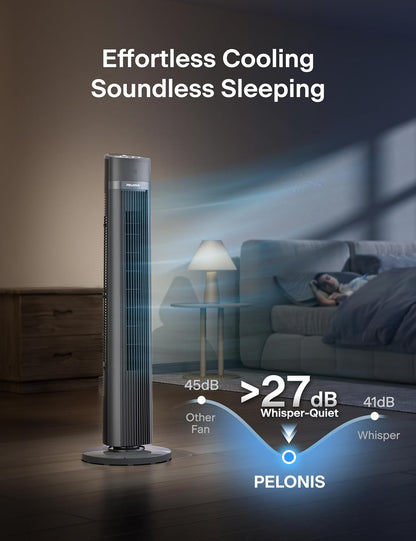 PELONIS 40 inch Bladeless Tower Fan for Bedroom, Standing Fan with Remote Control, 26ft/s, 90° Oscillation, 3 Speed Settings, 27dB, 3 Modes, 15-Hour Timer, LED Display, Fan that Blows Cold Air, White