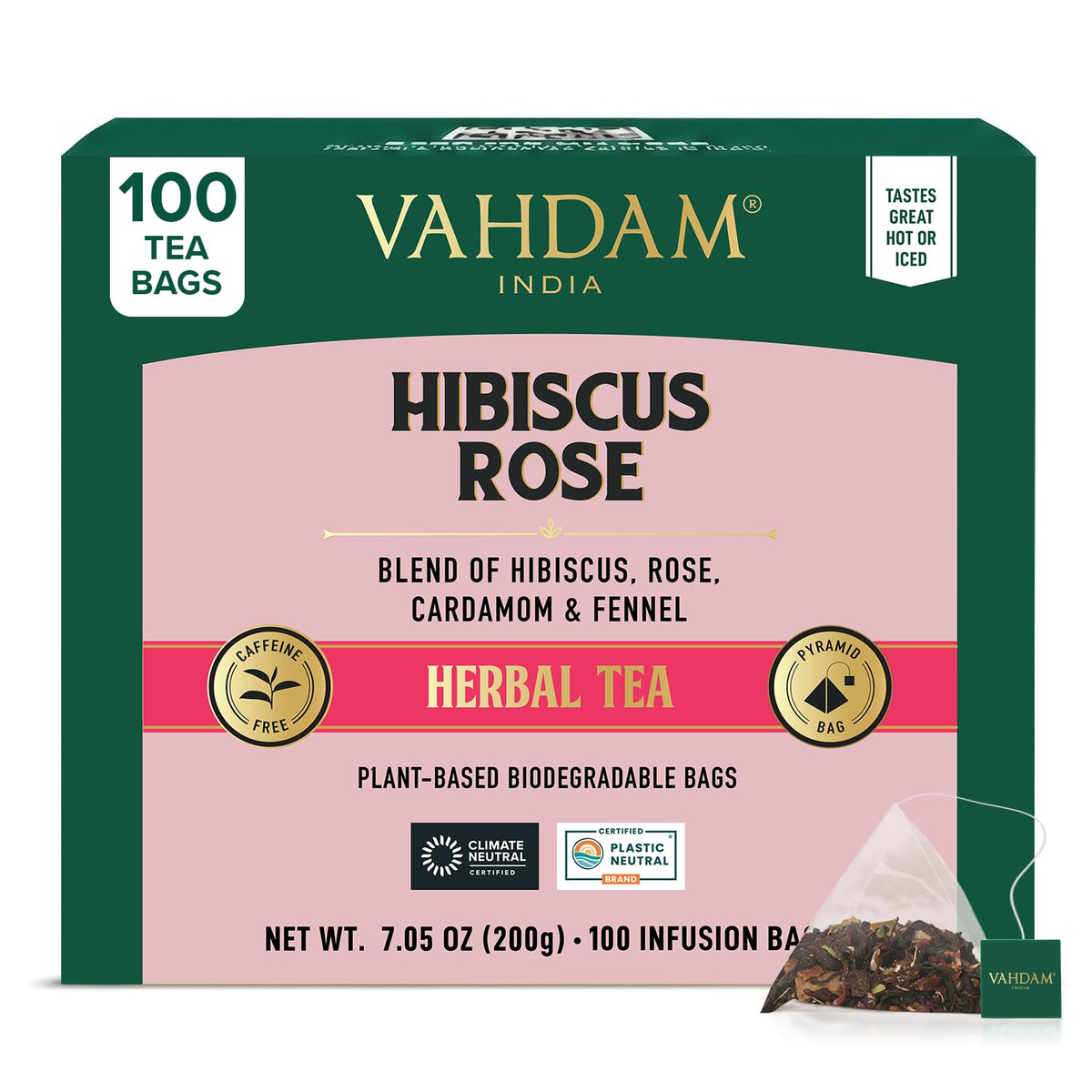 VAHDAM, Hibiscus Rose Tea Bags - 100% Whole Hibiscus Flowers Herbal Tea Bags (100 Count) With Rose, Chamomile & Exotic Spices | Caffeine Free, Floral Flavor Tisane | Resealable Ziplock Pouch