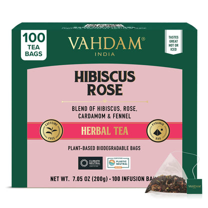 VAHDAM, Hibiscus Rose Tea Bags - 100% Whole Hibiscus Flowers Herbal Tea Bags (100 Count) With Rose, Chamomile & Exotic Spices | Caffeine Free, Floral Flavor Tisane | Resealable Ziplock Pouch