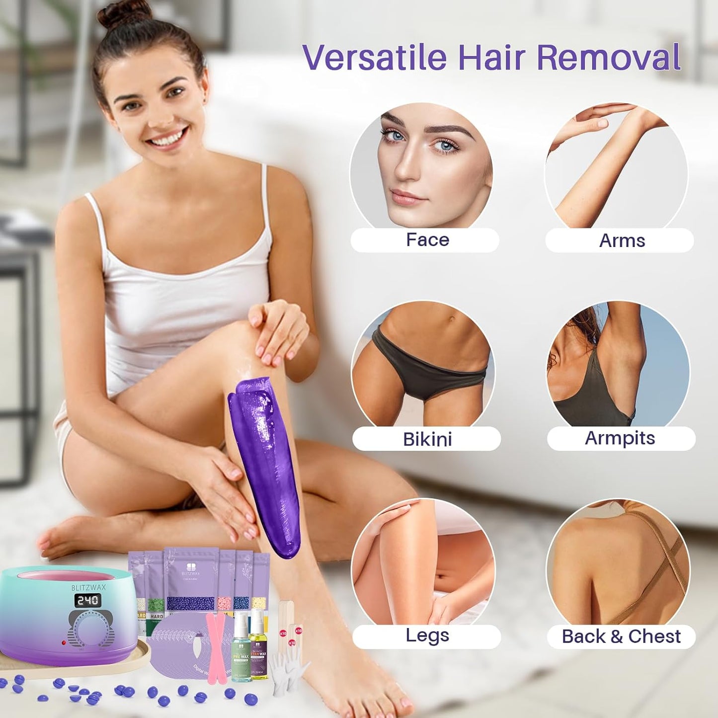 BLITZWAX Brazilian and Bikini Waxing Kit for Women, Hard Wax Warmer for Face, Legs and Body, At Home Hair Removal Kit, Beginner Friendly, Digital Fast Heating, 51 Wax Items