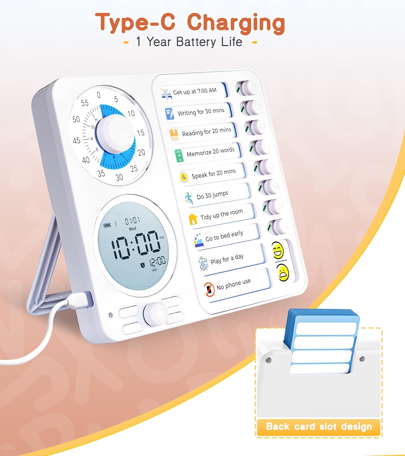3-in-1 Visual Timer Task Timer with Chore Chart Board, ADHD Tool for Kids Adults Visual Schedule for Kids with Autism, Daily Checklist for Home, School, Classroom, Desk, Chore Chart