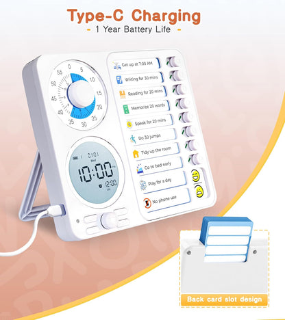 3-in-1 Visual Timer Task Timer with Chore Chart Board, ADHD Tool for Kids Adults Visual Schedule for Kids with Autism, Daily Checklist for Home, School, Classroom, Desk, Chore Chart