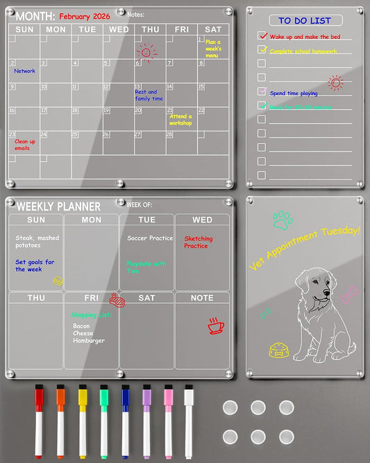4 Pack Acrylic Magnetic Calendar for Refrigerator Set, Clear Monthly Weekly Daily Dry Erase Whiteboard for Fridge with 8 Color Markers, Meal Planner, Menu Board, Home Decor