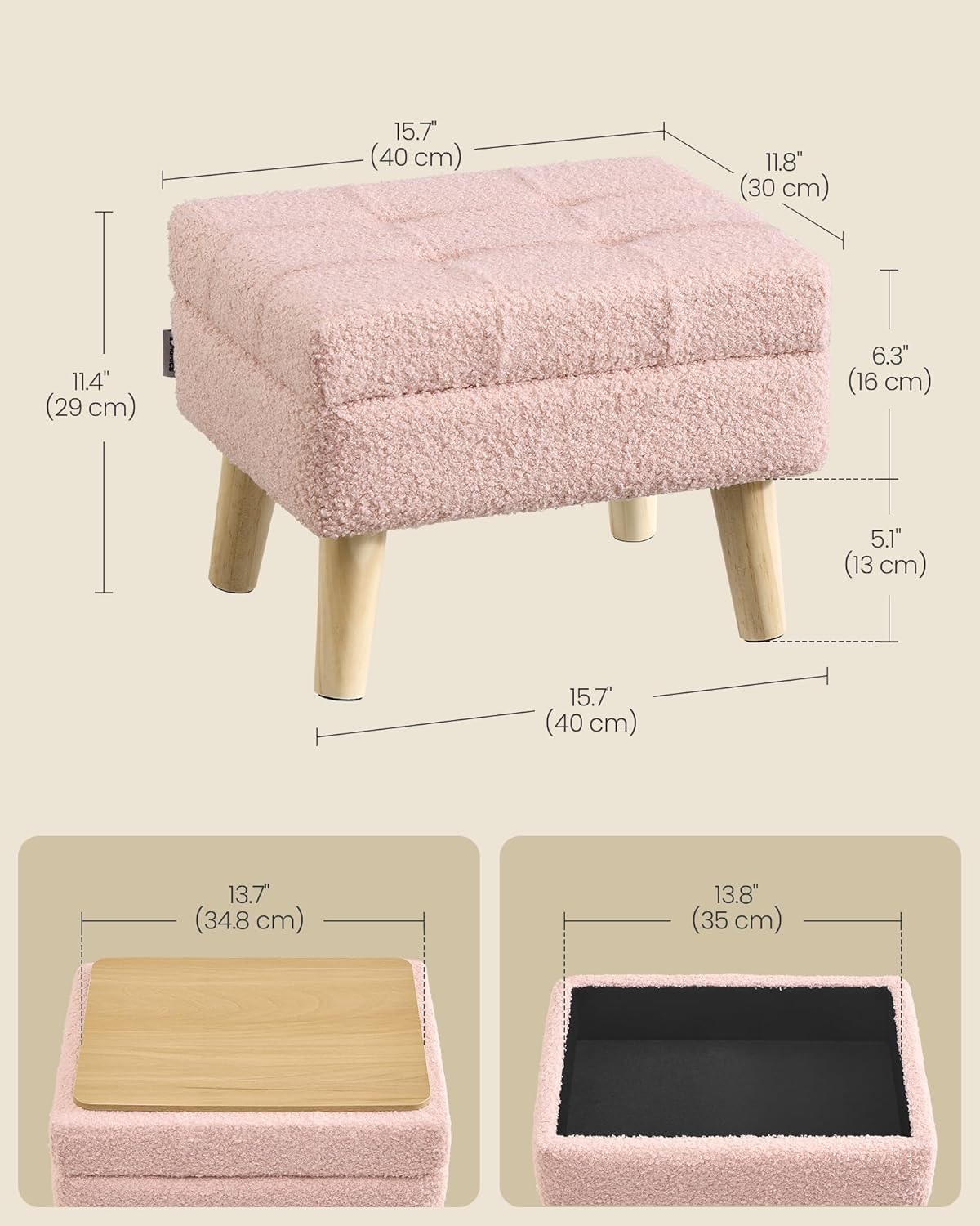 SONGMICS Foot Stool Ottoman, Small Storage Ottoman with Legs, 15.7 Inches