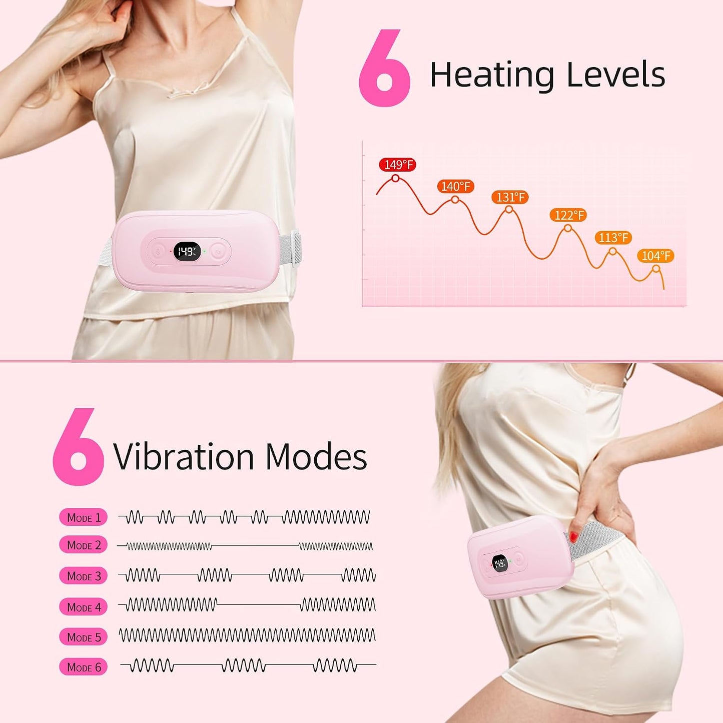 Portable Heating Pad: 2 Timer 6 Heat Levels 6 Vibration Modes Cordless Electric Heating Pad 3s Fast Heating Travel Heating Pad Gifts for Women Christmas Birthday Pink