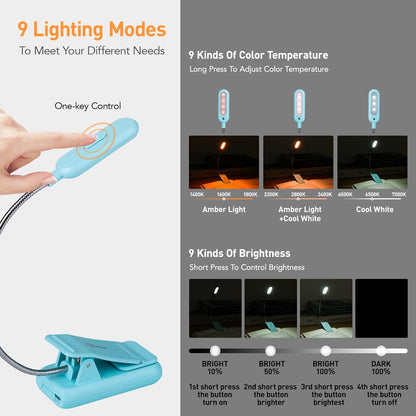 VAVOFO Amber Rechargeable Reading Light, Blue Light Blocking Book Light, 7 LEDs Eye Care 9 Colors 9 Brightness Clip On for Kids Bookworms Reading in Bed with Power Indicator Lasting 70h (Black)