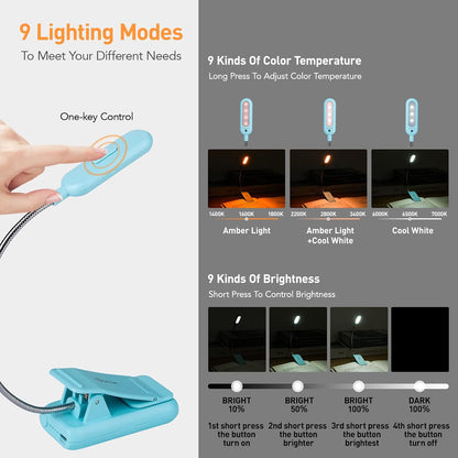 VAVOFO Amber Rechargeable Reading Light, Blue Light Blocking Book Light, 7 LEDs Eye Care 9 Colors 9 Brightness Clip On for Kids Bookworms Reading in Bed with Power Indicator Lasting 70h (Black)