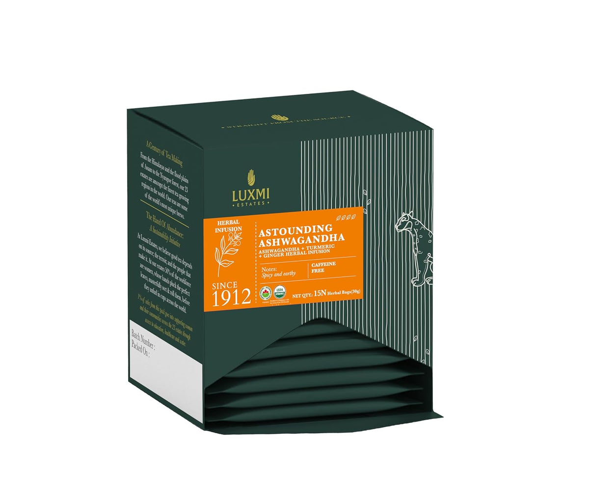 Luxmi Estates Ashwagandha Adaptogen Tea, 90 Biodegradable Tea Bags (Pack of 6 Boxes, 15 ct Each, 180g/6.35oz Total) | USDA Organic Blend with Ashwagandha, Turmeric, Ginger, Lemongrass, Licorice & Moringa, Caffeine-Free